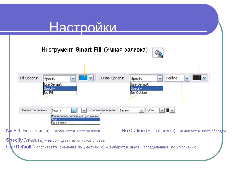 Настройки  Инструмент Smart Fill (Умная заливка) No Outline (Без обводки) – отменяется цвет